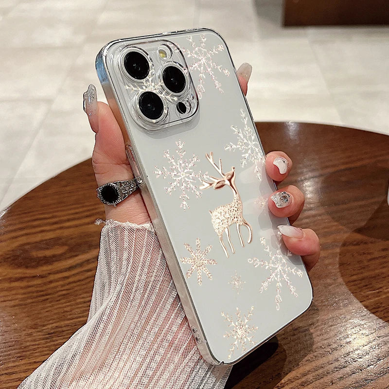 Transparent Hard PC Case For iPhone 17 Pro Air 15 14 13 12 16 Pro Max 16e 11 Crystal Clear Christmas Elk Pattern Phone Cover