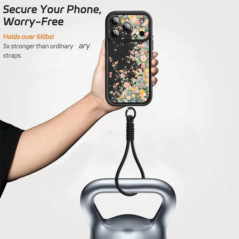 Wrist Strap Lanyard Phone Case For iPhone 17 Pro Max Air 16E 16 14 15 Pro 12 13 Pro Max 11 Blue White Flower Printed TPU Cover
