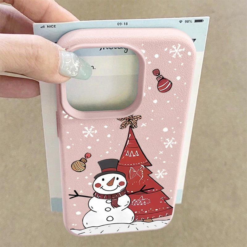 Christmas Snowman Print Phone Case For iPhone 17 16 15 14 Pro Max 13 12 Pro Air 11 16e Shockproof Leather Texture TPU Soft Cover