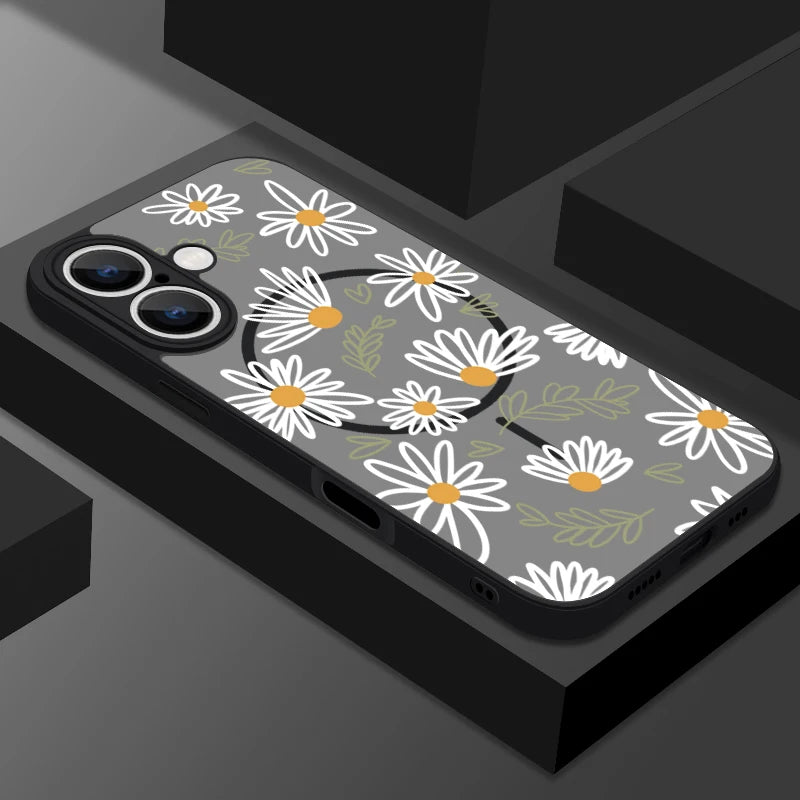 Hard Matte Magnetic Case For iPhone 16e 16 15 Pro Max 14 13 Pro For Magsafe Wireless Charge Small Flowers Print Phone Cover