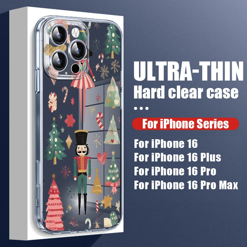 Transparent Hard PC Case For iPhone 17 Pro Air 15 14 13 12 16 Pro Max 16e 11 Crystal Clear Christmas Elk Pattern Phone Cover