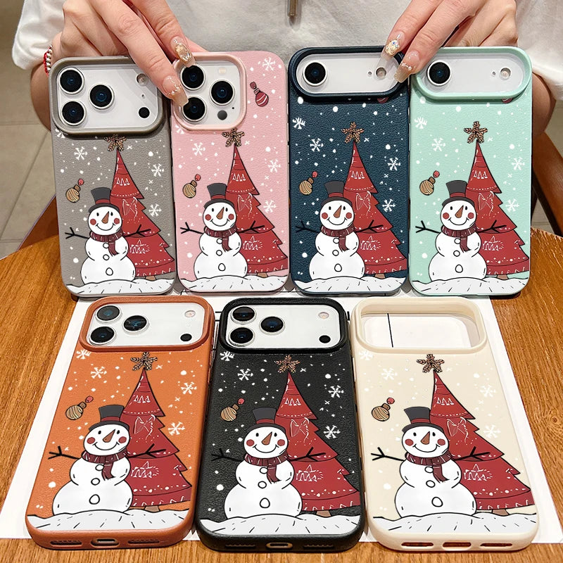 Christmas Snowman Print Phone Case For iPhone 17 16 15 14 Pro Max 13 12 Pro Air 11 16e Shockproof Leather Texture TPU Soft Cover
