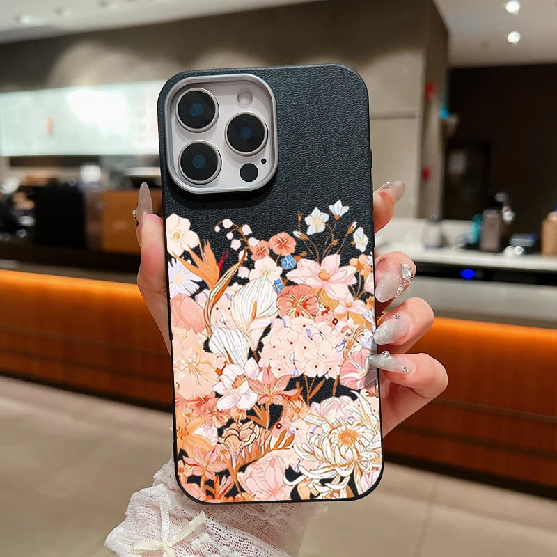 Leather Texture TPU Phone Case For iPhone 17 16 15 Pro Max 14 15 Plus 13 12 Pro Max 11 Air Pink Flowers Printed Soft Back Cover