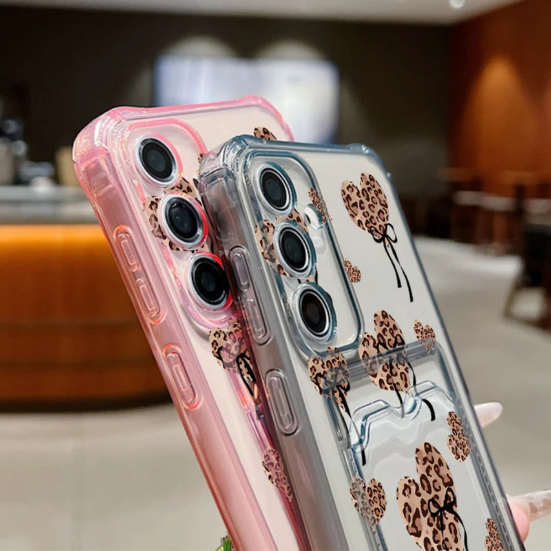 Card Pocket TPU Phone Case For Samsung Galaxy S25 S24 S23 Ultra S24 S23 S25 FE S22 Plus Leopard Print Love Heart Pattern Cover