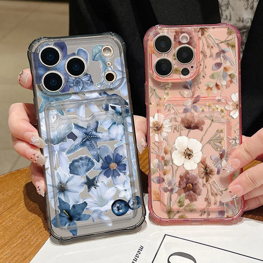 Card Slot Pocket TPU Case For iPhone 17 16 Pro 15 14 13 Pro Max 11 Shockproof Colorful Floral Pattern Soft Silicone Phone Cover
