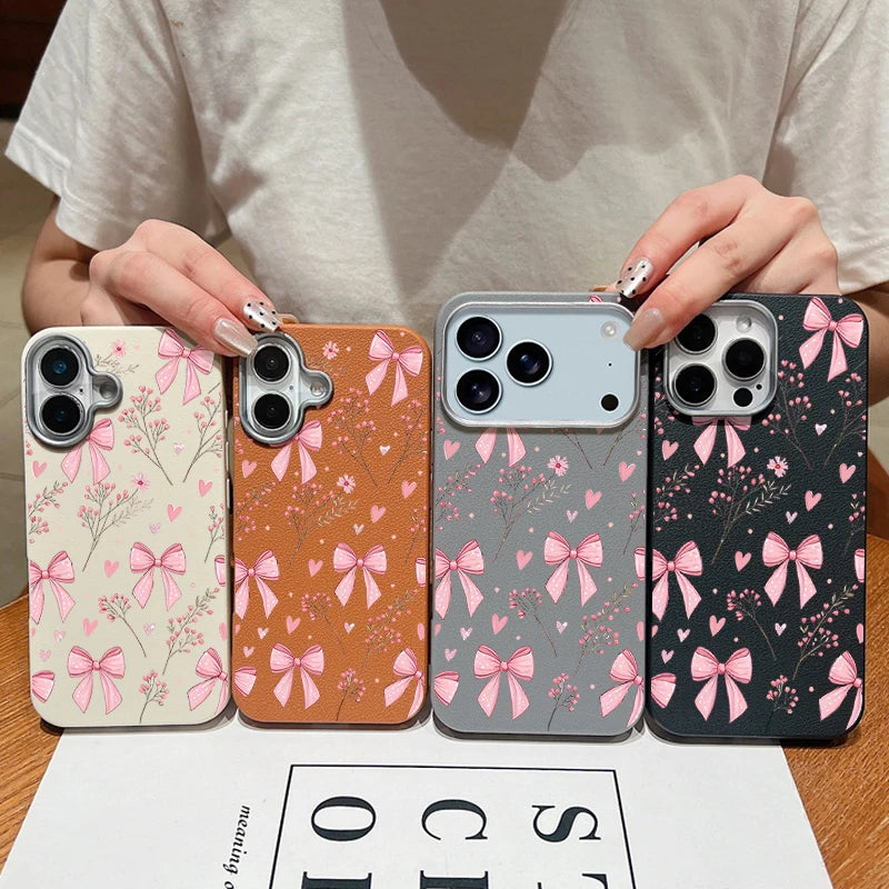 Leather Texture Soft TPU Phone Case For iPhone 17 16 15 Pro Max 14 15 Plus 13 12 Pro Max 11 Air Pink Bowknot Pattern Back Cover
