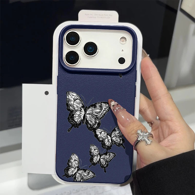 Black Butterfly Pattern Phone Case For iPhone 17 16e 16 15 Pro Max Leather Texture TPU Cover For iPhone Air 12 13 14 Pro Max 11
