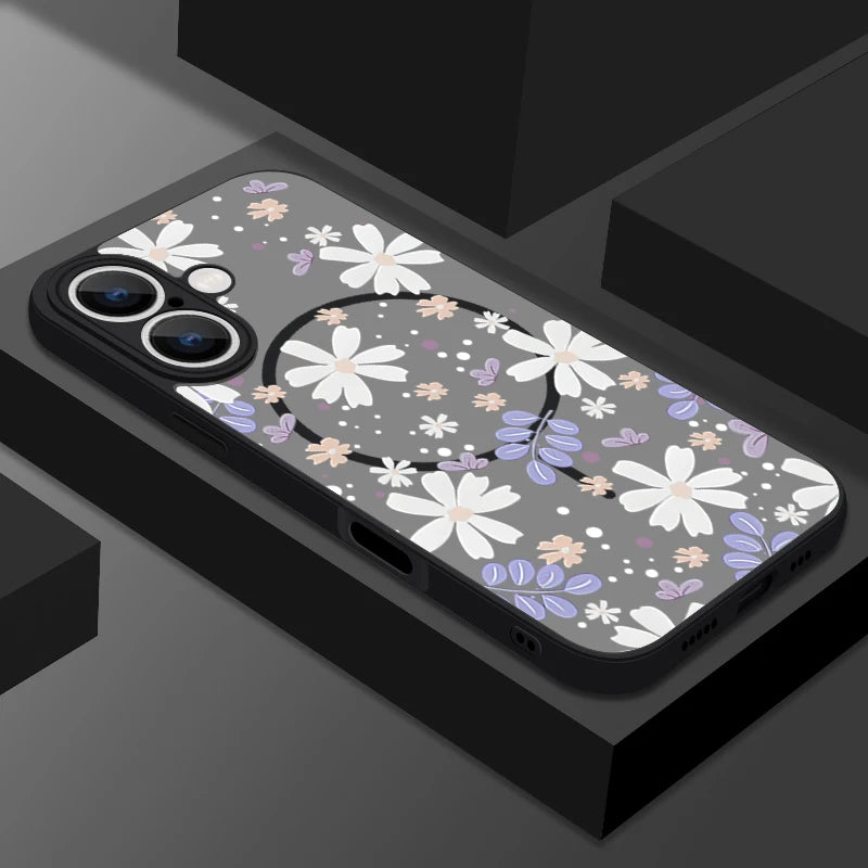 Hard Matte Magnetic Case For iPhone 16e 16 15 Pro Max 14 13 Pro For Magsafe Wireless Charge Small Flowers Print Phone Cover