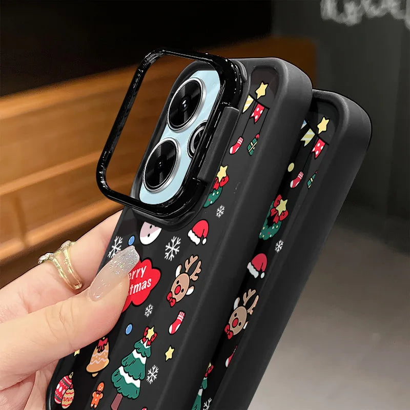 Merry Christmas Pattern Lens Frame Holder Case For Xiaomi Redmi Note 13 Pro 12 11 Pro 5G 13C 4G Kickstand Soft TPU Phone Cover
