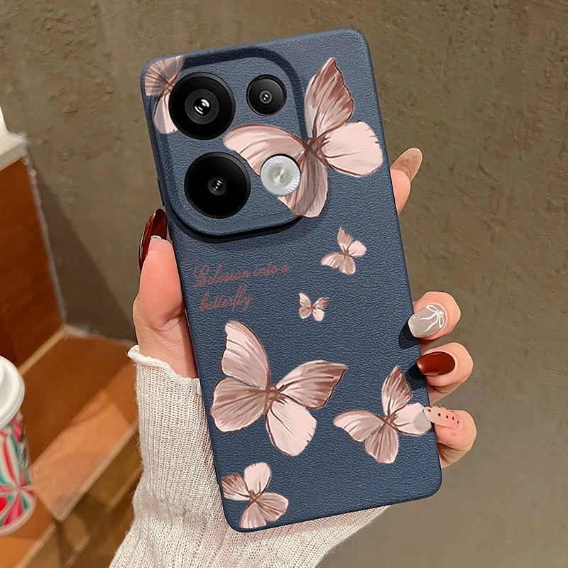 Pink Butterfly Pattern Phone Case For Xiaomi Redmi Note 14 13 Pro 4G Note 13 14 Pro Plus 5G 13C 11 Pro Leather Texture TPU Cover
