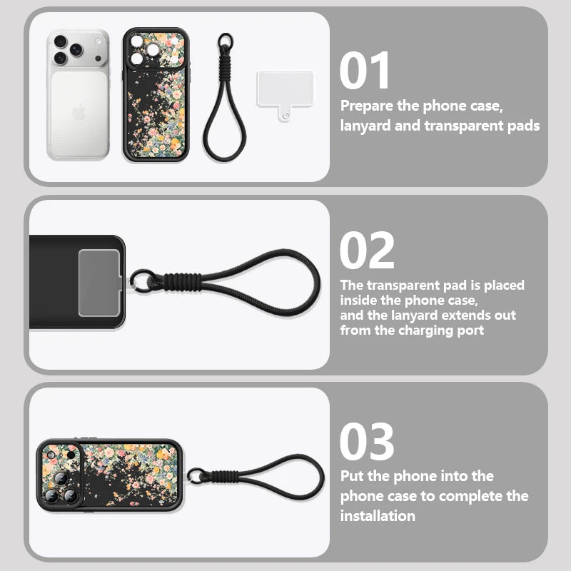 Wrist Strap Lanyard Phone Case For iPhone 17 Pro Max Air 16E 16 14 15 Pro 12 13 Pro Max 11 Blue White Flower Printed TPU Cover