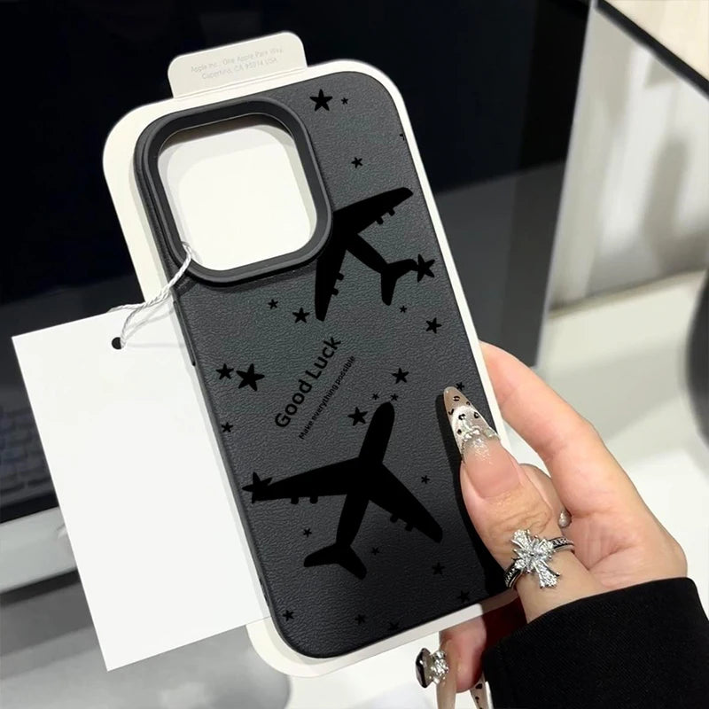 Airplane TPU Case For iPhone 16e 16 Pro Max 12 13 14 15 Pro Max 11 Shockproof Leather Texture Soft Silicone Phone Cover Fundas