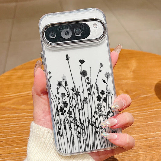 Black Floral Pattern TPU Phone Case For Google Pixel 10 9 8 7 Pro Pixel 9 10 Pro XL 7A 8A 9A Shockproof Soft Clear Back Cover
