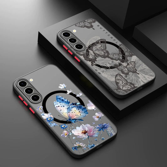 Butterfly Printed Magnetic Phone Case For Samsung Galaxy S26 S25 Ultra S24 S23 FE S22 Ultra For Magsafe Hard Matte Back Cover