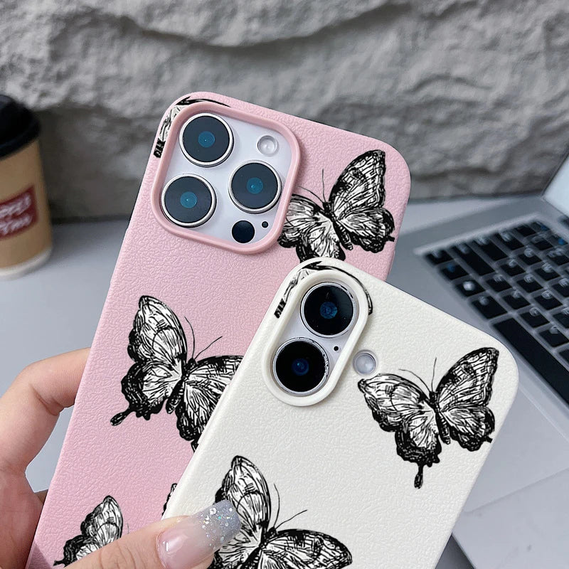 Black Butterfly Pattern Phone Case For iPhone 17 16e 16 15 Pro Max Leather Texture TPU Cover For iPhone Air 12 13 14 Pro Max 11
