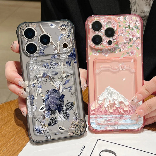 Shockproof Card Slot Pocket Case For iPhone 17 16 Pro 15 14 13 Pro Max 11 Autumn Leaves Pattern Soft Silicone Clear Phone Cover