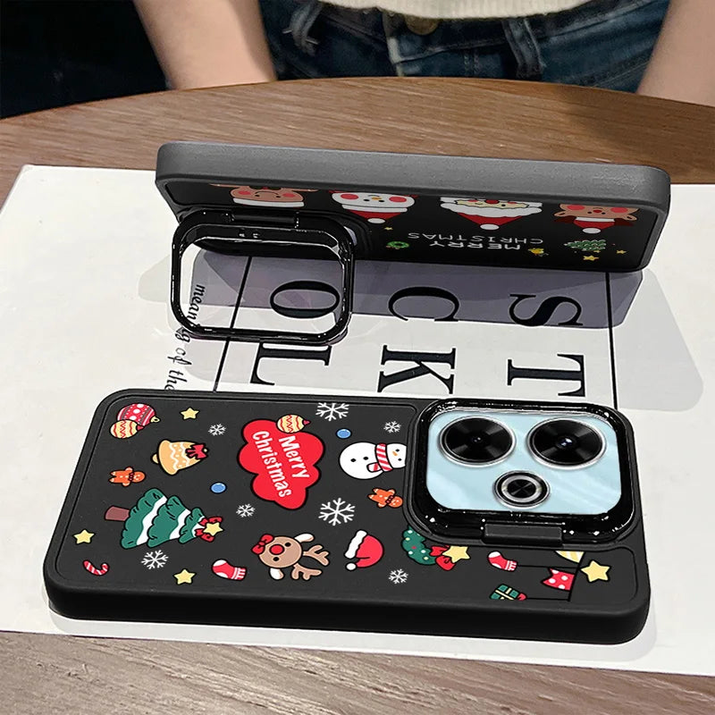 Merry Christmas Pattern Lens Frame Holder Case For Xiaomi Redmi Note 13 Pro 12 11 Pro 5G 13C 4G Kickstand Soft TPU Phone Cover