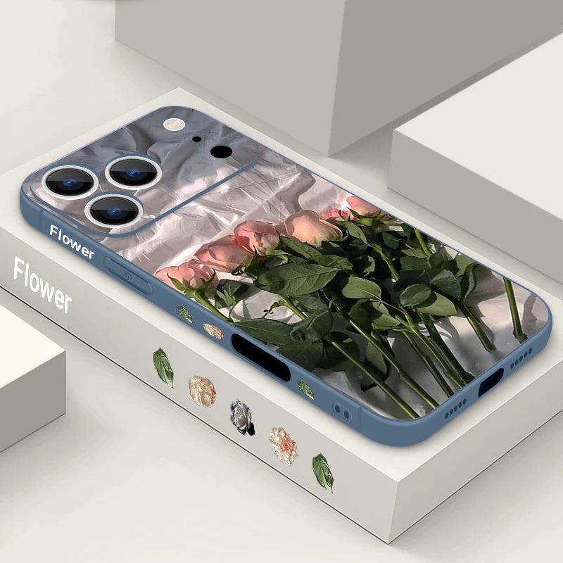 Wrist Strap Lanyard TPU Phone Case For iPhone 17 16 15 Pro Max 12 13 14 Pro Max Air 11 Pink Rose Pattern Soft Silicone Cover