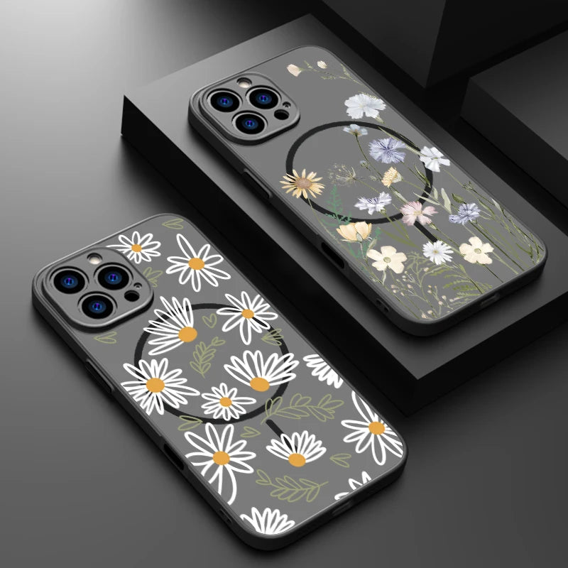 Hard Matte Magnetic Case For iPhone 16e 16 15 Pro Max 14 13 Pro For Magsafe Wireless Charge Small Flowers Print Phone Cover