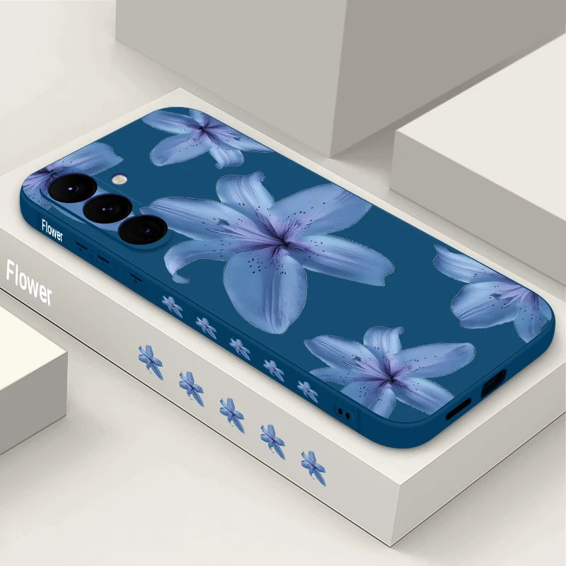 Soft TPU Phone Case For Samsung Galaxy S24 S25 FE S25 S23 S22 Ultra A17 A56 A16 A55 A25 A15 A36 A54 5G Blue Flower Print Cover