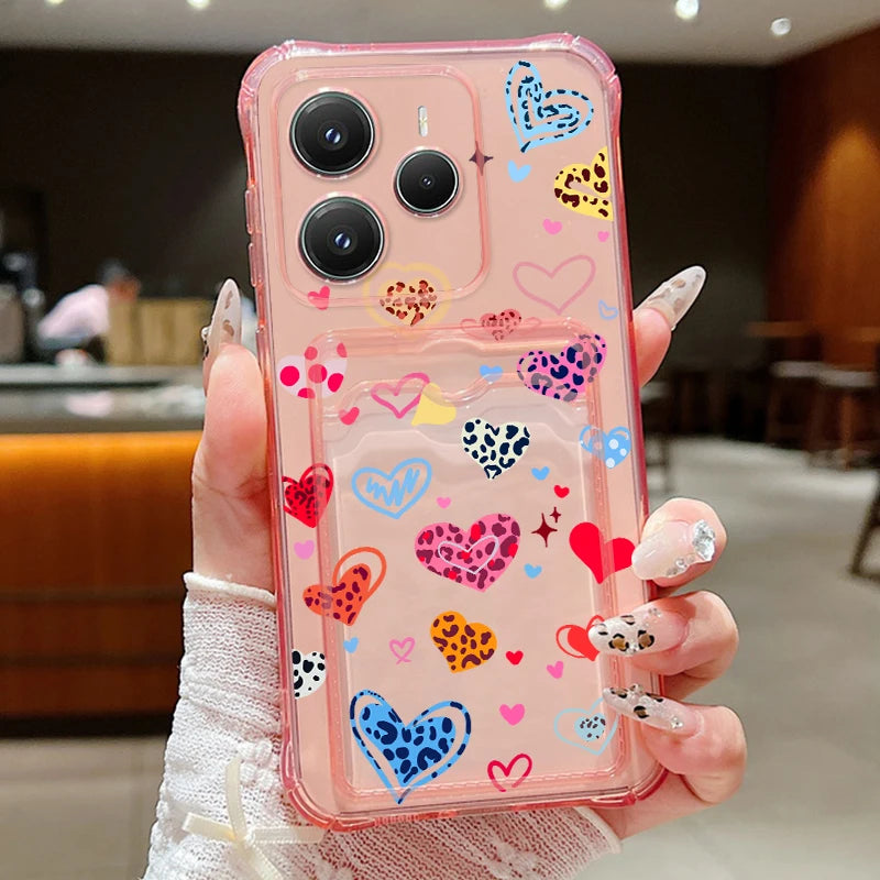 Card Slot Pocket Soft TPU Case For Xiaomi Poco X6 X7 F6 X5 Pro M6 Pro C65 Leopard Print Love Heart Pattern Silicone Phone Cover