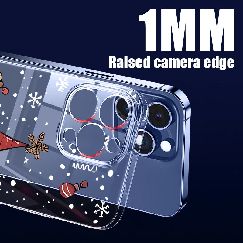 Transparent Hard PC Case For iPhone 17 15 14 13 12 16 Pro Max 16e 11 Crystal Clear Christmas Tree Snowman Printed Phone Cover