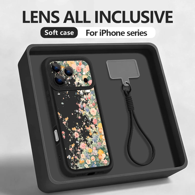 Wrist Strap Lanyard Phone Case For iPhone 17 Pro Max Air 16E 16 14 15 Pro 12 13 Pro Max 11 Blue White Flower Printed TPU Cover