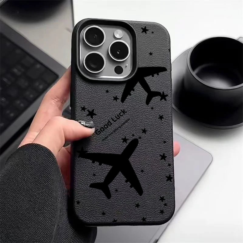 Airplane TPU Case For iPhone 16e 16 Pro Max 12 13 14 15 Pro Max 11 Shockproof Leather Texture Soft Silicone Phone Cover Fundas