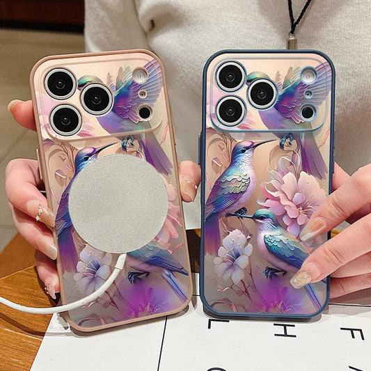 Magnetic Phone Case For iPhone 17 Pro 16 15 14 13 Pro Max For Magsafe Wireless Charge Blue Bird Flower Pattern Hard PC Cover