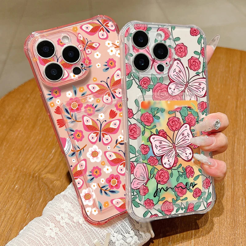 Card Slot Pocket Case For iPhone 17 16 Pro 15 14 13 Pro Max 11 Shockproof Pink Butterfly Pattern Soft Silicone Clear Phone Cover