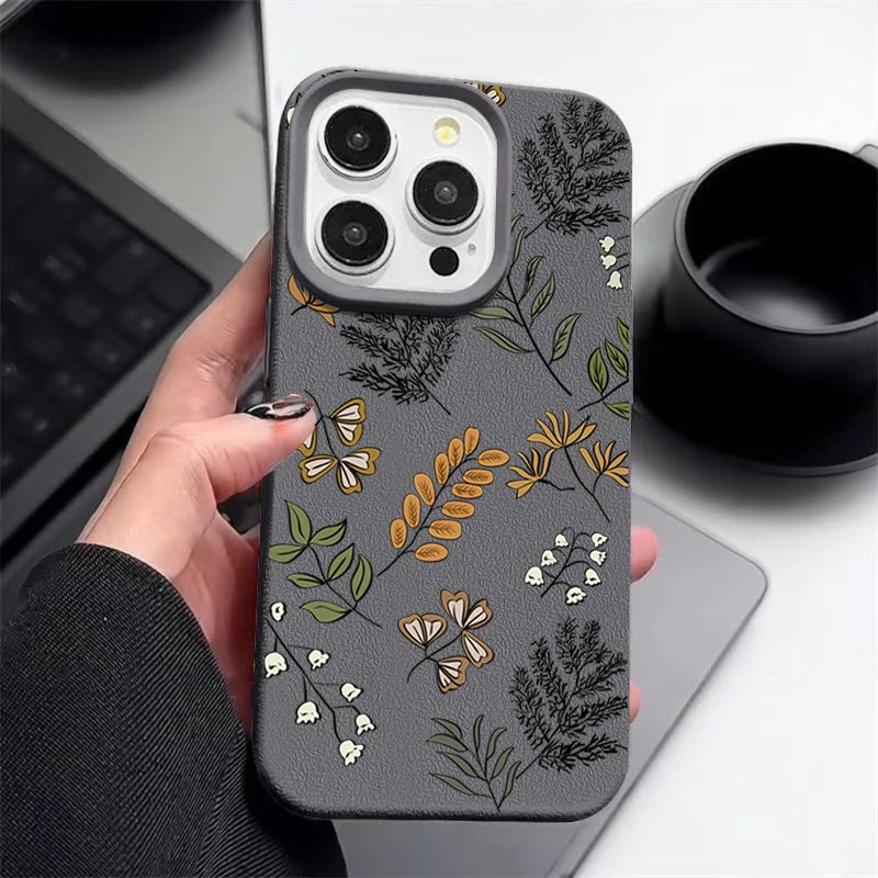 Leaves Pattern Soft Case For iPhone 17 Air 16e 16 15 14 13 12 Pro Max 11 Luxury Leather Texture TPU Silicone Phone Cover Fundas