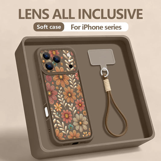 Wrist Strap Lanyard Phone Case For iPhone 17 Pro Max Air 16E 16 14 15 Pro 12 13 Pro Max 11 Cartoon Flower Printed Soft TPU Cover