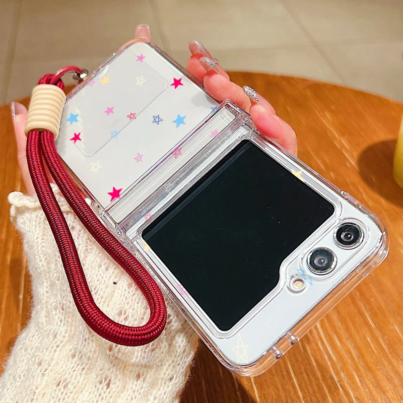 Wrist Strap Lanyard Phone Case For Samsung Galaxy Z Flip7 Flip6 Flip5 Flip4 Flip 7 FE 6 5 4 3 5G Tiny Hearts Pattern Back Cover