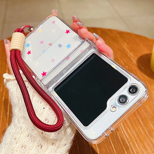Wrist Strap Lanyard Phone Case For Samsung Galaxy Z Flip7 Flip6 Flip5 Flip4 Flip 7 FE 6 5 4 3 5G Tiny Hearts Pattern Back Cover