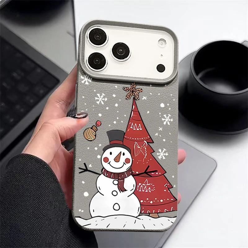 Christmas Snowman Print Phone Case For iPhone 17 16 15 14 Pro Max 13 12 Pro Air 11 16e Shockproof Leather Texture TPU Soft Cover