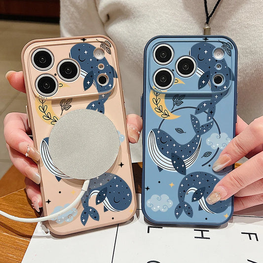 Magnetic Phone Case For iPhone 17 Pro 16 15 14 13 Pro Max For Magsafe Wireless Charge Cartoon Whale Pattern Hard PC Back Cover