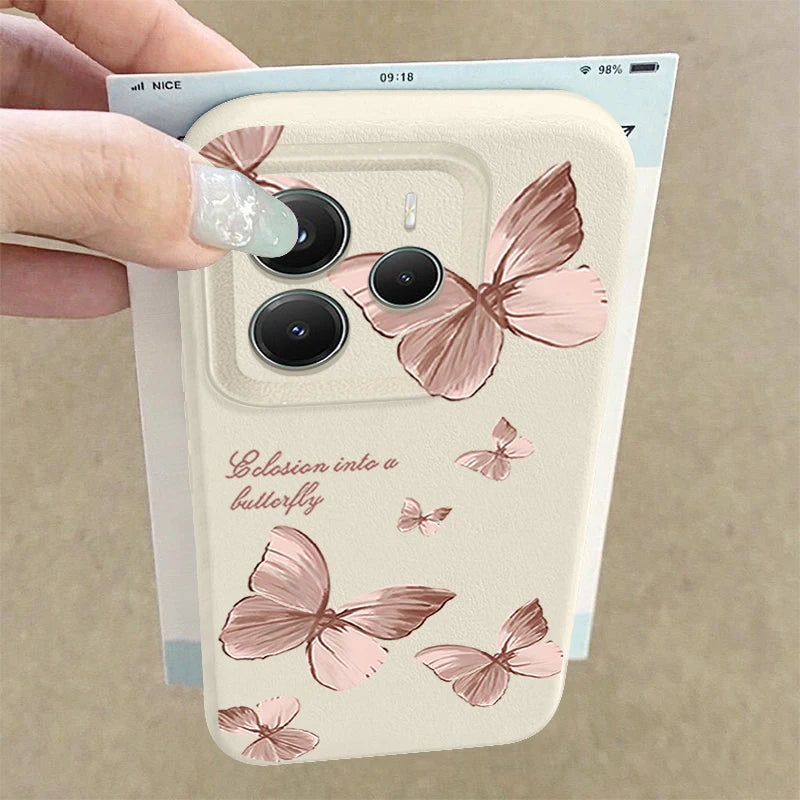 Pink Butterfly Pattern Phone Case For Xiaomi Redmi Note 14 13 Pro 4G Note 13 14 Pro Plus 5G 13C 11 Pro Leather Texture TPU Cover