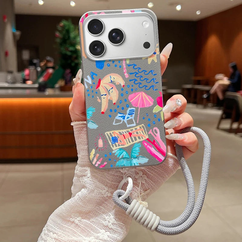 Wrist Strap Lanyard Phone Case For iPhone 17 16 15 Pro Max 14 15 Plus 13 12 Pro Max Air Summer Vacation Printed TPU Back Cover