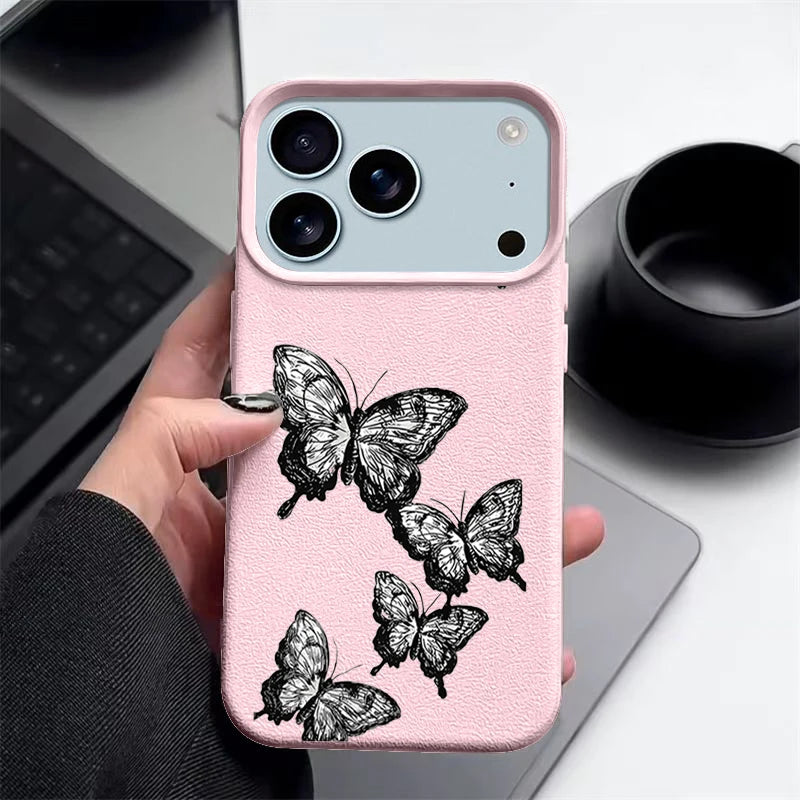 Black Butterfly Pattern Phone Case For iPhone 17 16e 16 15 Pro Max Leather Texture TPU Cover For iPhone Air 12 13 14 Pro Max 11