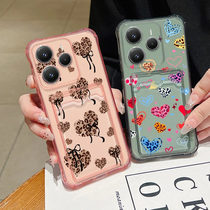 Card Slot Pocket Soft TPU Case For Xiaomi Poco X6 X7 F6 X5 Pro M6 Pro C65 Leopard Print Love Heart Pattern Silicone Phone Cover