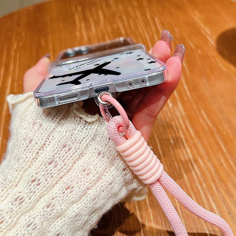 Wrist Strap Lanyard Phone Case For Samsung Galaxy Z Flip7 Flip6 Flip5 Flip4 Flip 7 FE 6 5 4 3 5G Airplane Pattern Folding Cover