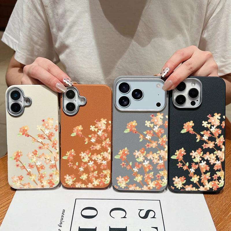 Leather Texture TPU Phone Case For iPhone 17 16 15 Pro Max 14 15 Plus 13 12 Pro Max 11 Air Orange Flowers Printed Back Cover