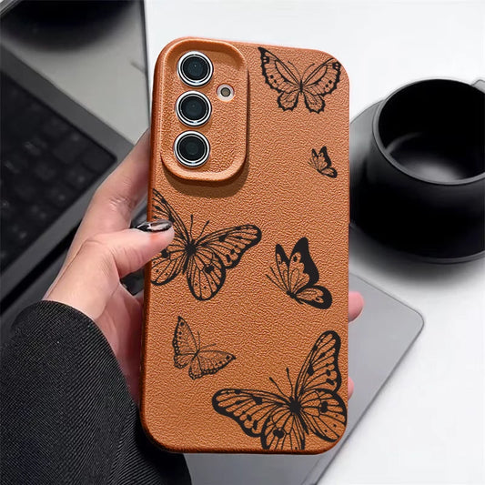 Leather Texture Butterfly Printed Case For Samsung Galaxy S24 FE S25 S23 S22 Ultra A16 A55 A15 A54 A35 A25 A56 5G Soft TPU Cover