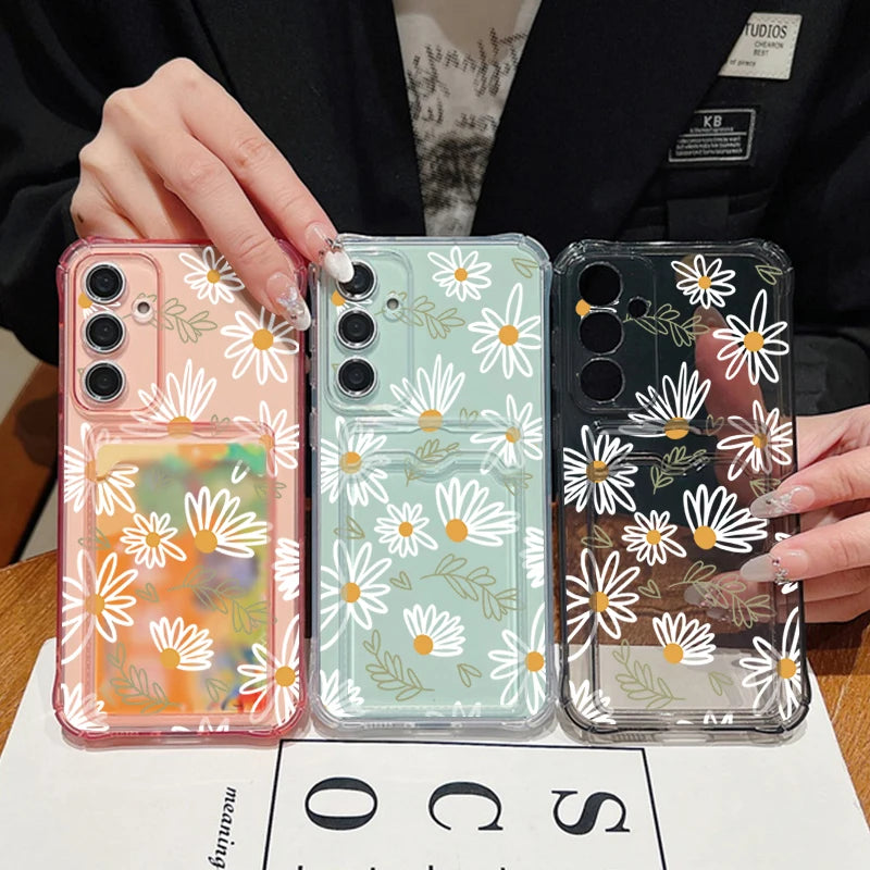 Card Slot Pocket Case For Samsung Galaxy A56 A55 A25 A16 A15 A36 5G S25 Edge S24 Ultra S23 S24 FE Cartoon White Flower TPU Cover