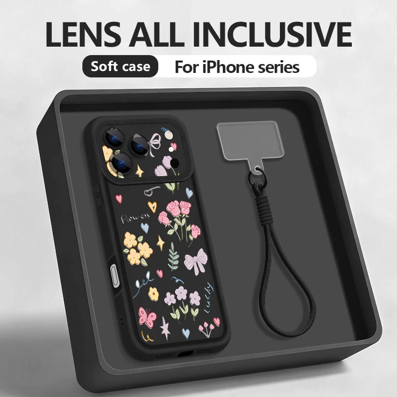 Wrist Strap Lanyard Phone Case For iPhone 17 Pro Max Air 16E 16 14 15 Pro 12 13 Pro Max 11 Cartoon White Flower Print TPU Cover