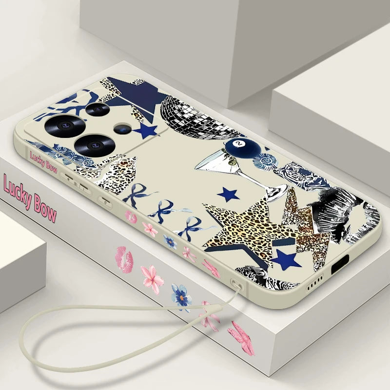 Five Pointed Star Printed Phone Case For Xiaomi Redmi Note 14 13 12 Pro 4G Note 13 14 Pro Plus 5G 13C 11 Pro Lanyard TPU Cover