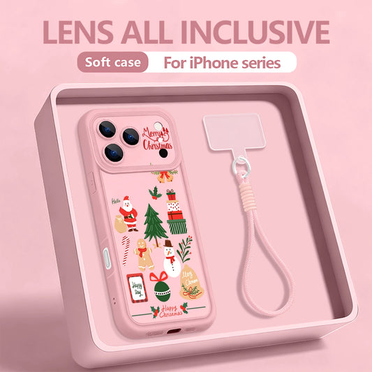 Lanyard Phone Case For iPhone 17 Pro Max Air 16E 16 14 15 Pro 12 13 Pro Max 11 Merry Christmas Printed Wrist Strap TPU Cover