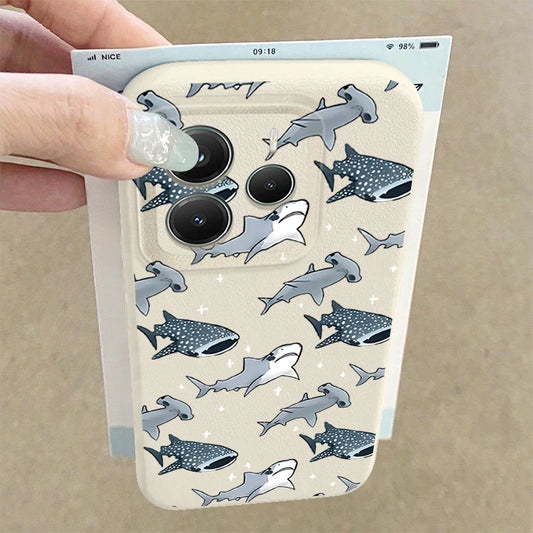 Cartoon Shark Print Case For Xiaomi Redmi Note 14 13 Pro Plus 5G Note 11 12 13 14 Pro 13C Leather Texture Soft TPU Phone Cover
