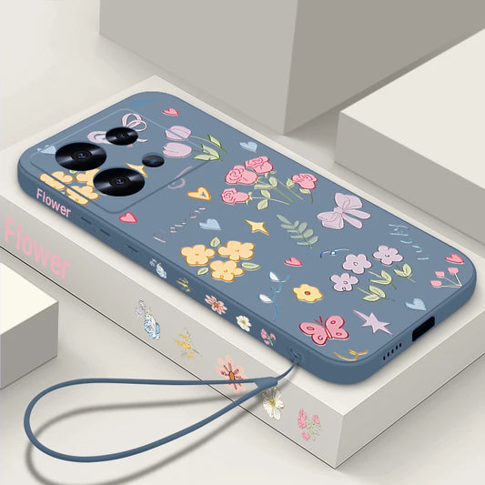 Lanyard Soft TPU Case For Xiaomi Redmi Note 14 13 Pro Plus 12 14 Pro 5G Note 13 11 13C 4G Pink Rose Flower Printed Phone Cover