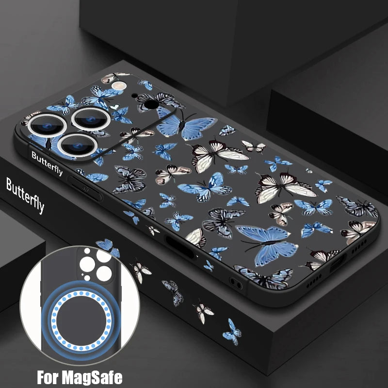 Blue Butterfly Pattern Phone Case For iPhone 17 Pro Max Air 16E 16 15 14 13 12 Pro Max 11 Magnetic For Magsafe Lanyard TPU Cover